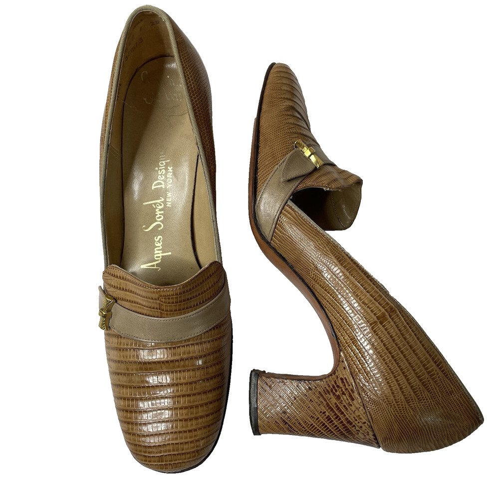 Agnes Sorel Size‎ 6.5 Vintage Genuine Lizard High Heels 90's Handmade Tan Brown